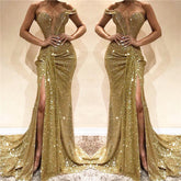 Elegant One-Shoulder Golden Sequin Prom Dress with Side Slit for Formal Events
